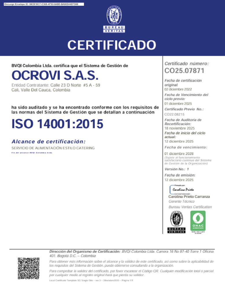 Certificado Bureau Veritas ISO 14001 de OCROVI