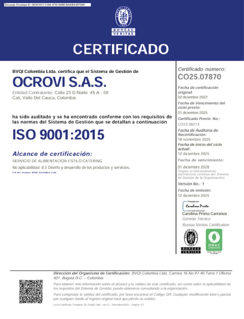 Certificado Bureau Veritas ISO 9001 de OCROVI